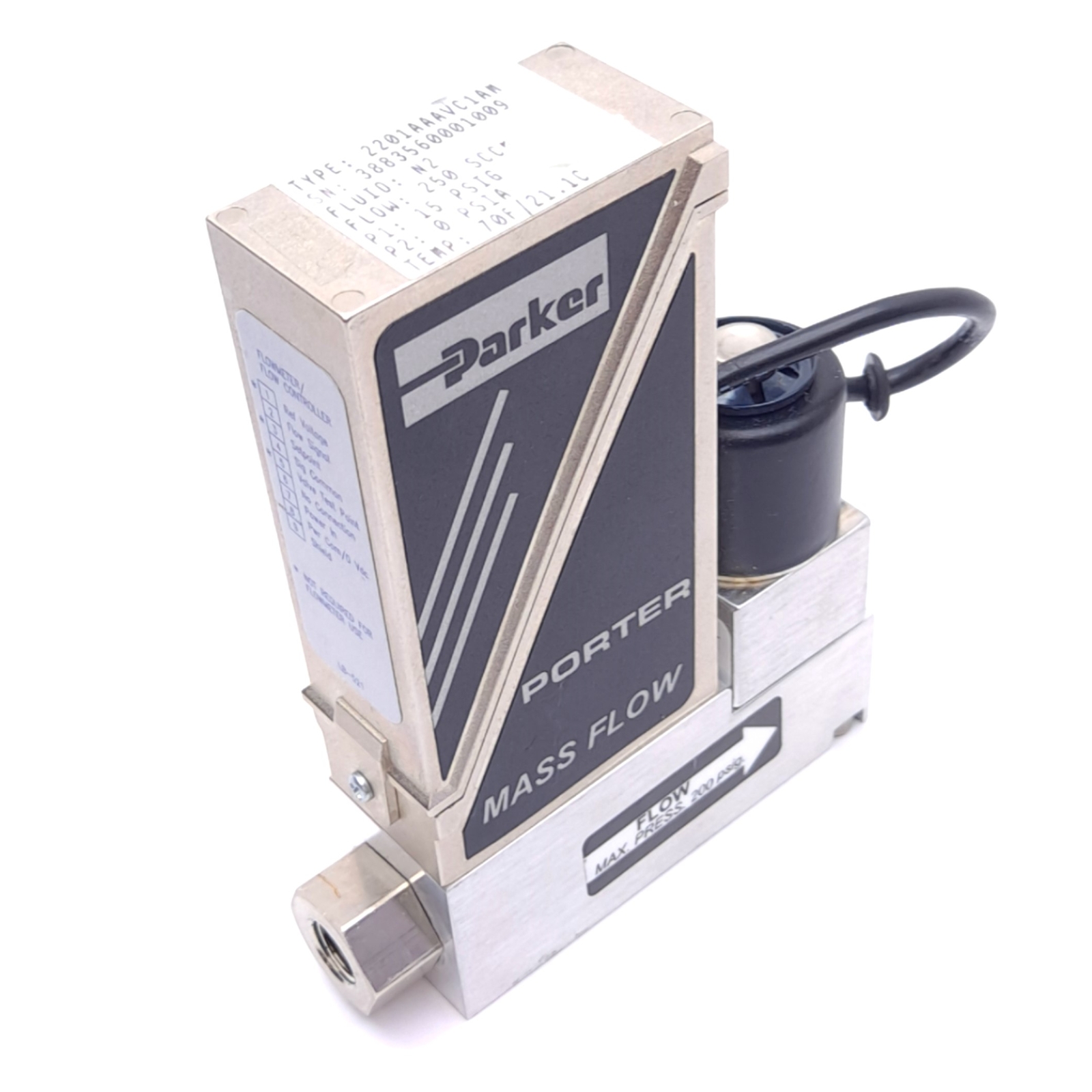 Parker 2201AAAVC1AM Mass Flow Controller, 250 SCCM, 0-5VDC, 1/8 NPT, 200psig Max