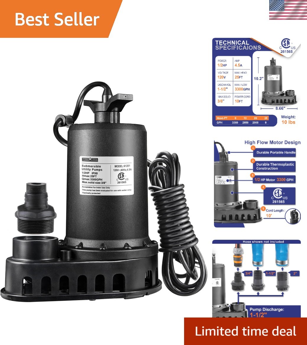 1/2 HP 3300GPH Submersible Utility Pump for Safe Clean/Dirty Water Transfer