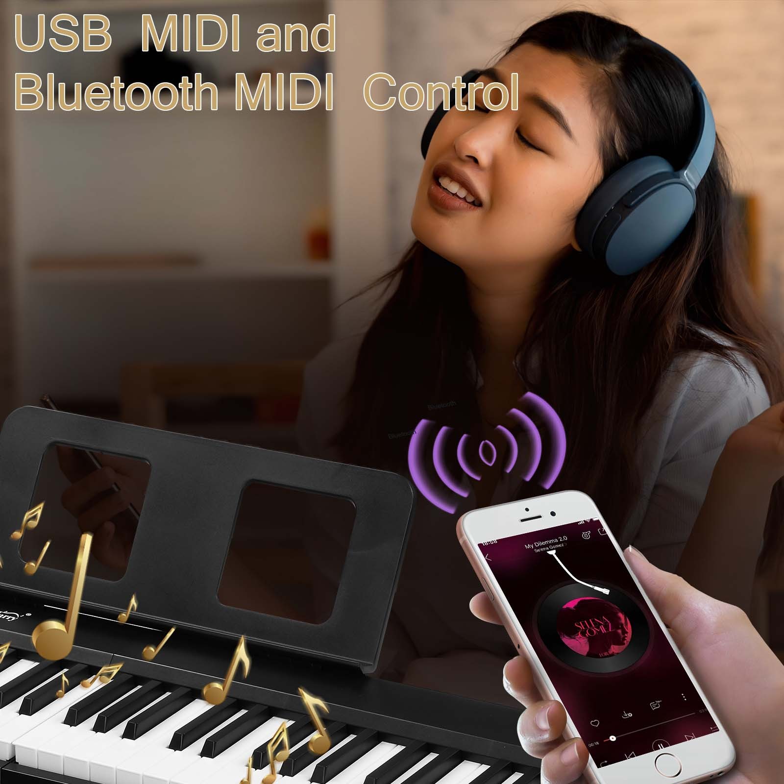 Black 88 Key Folding Semi-Weighted Piano Keyboard MIDI Bluetooth