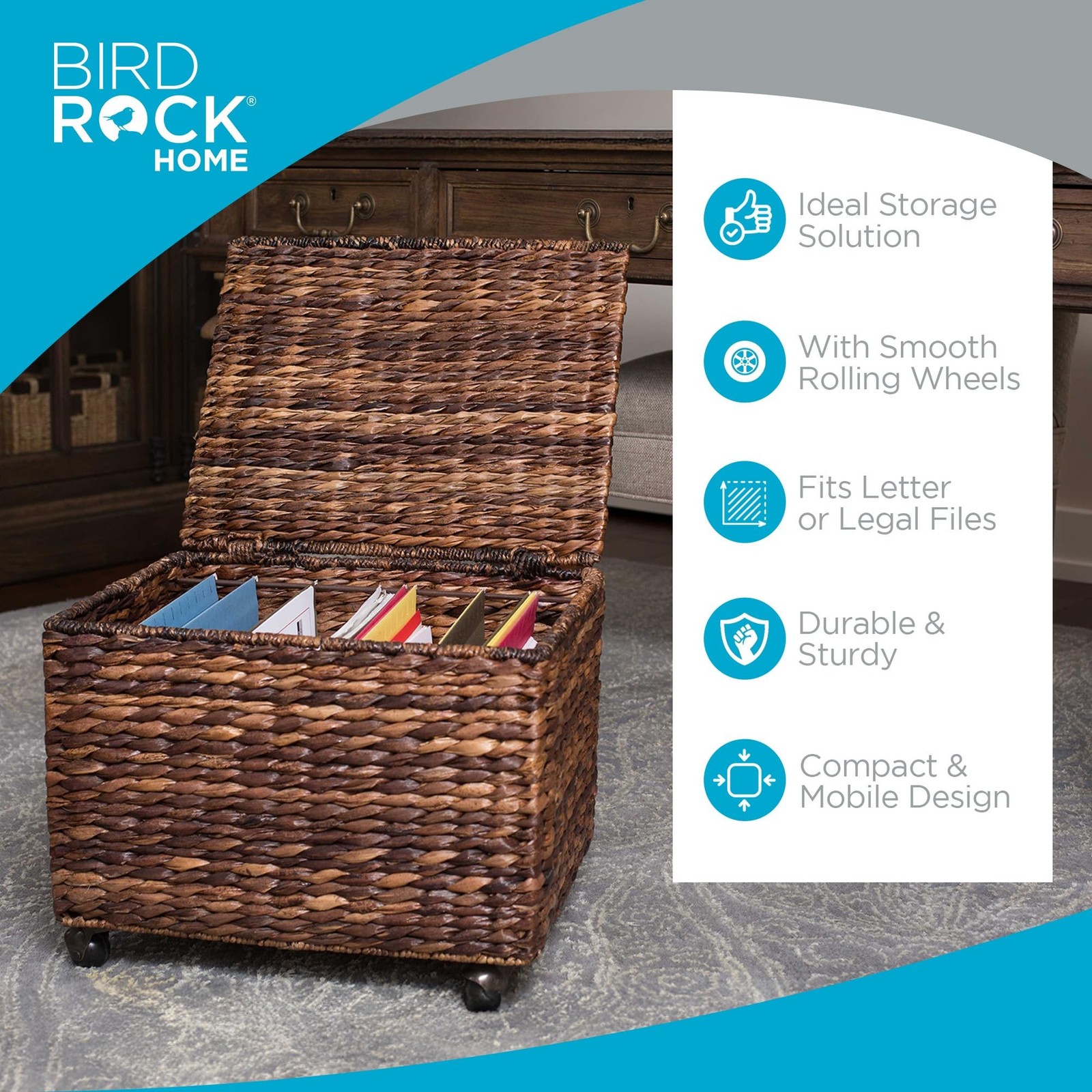 BIRDROCK HOME Seagrass Rolling File Cabinet - Storage Organizer Box with Lid ...