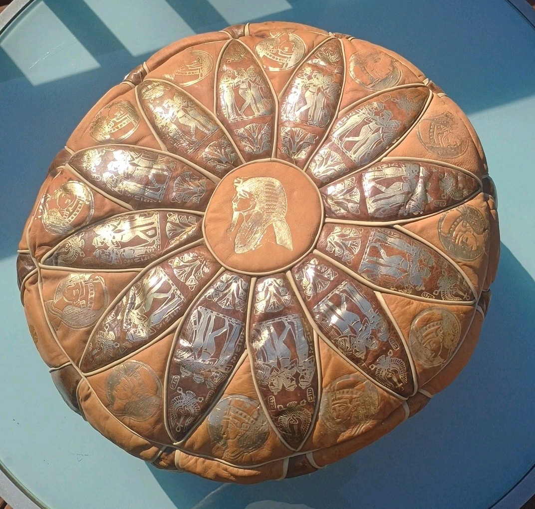 Vtg Mid Century Egyptian Decor Leather Gold Printed Ottoman Pouf 19" Foot Rest