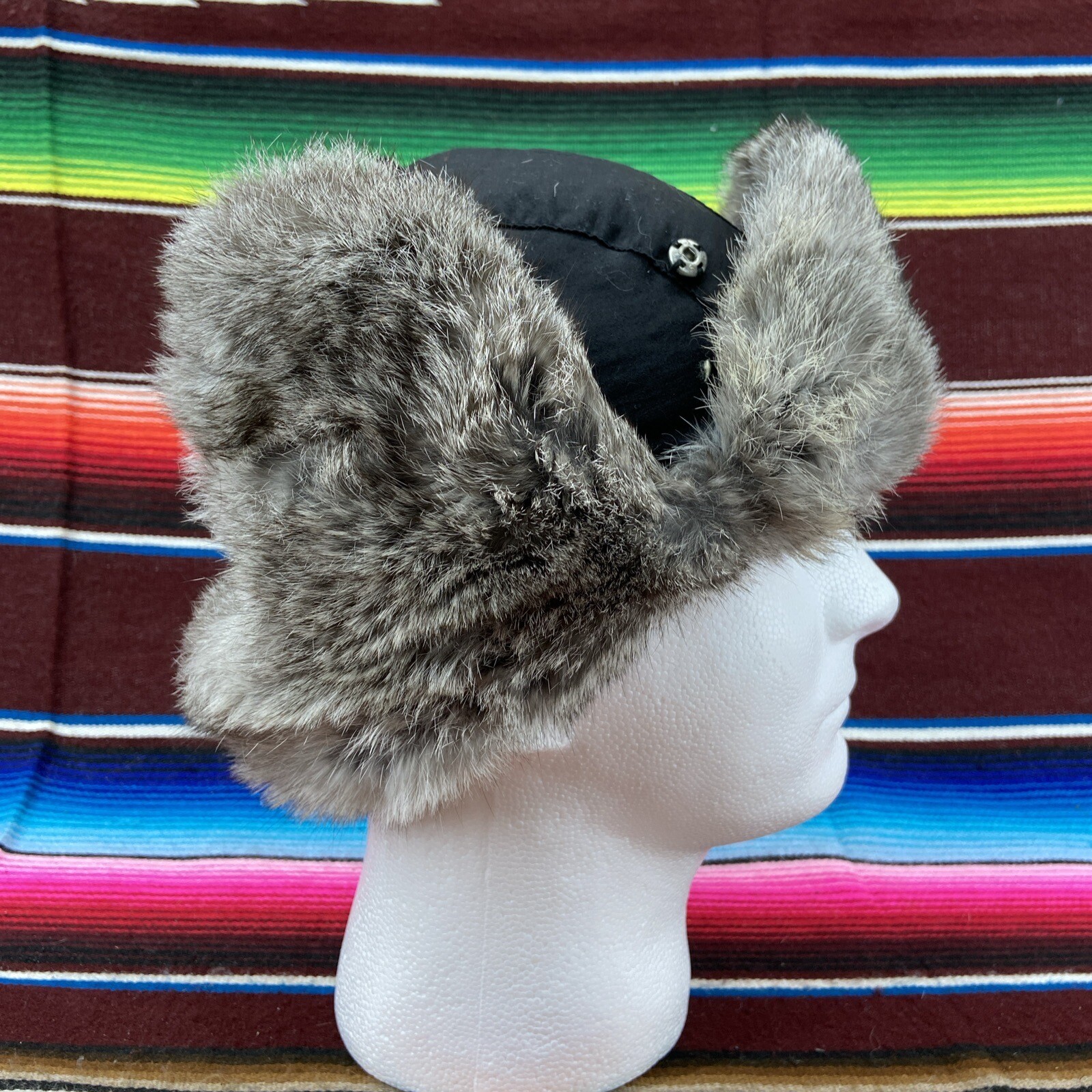 Vtg SporTrax Rabbit Fur Earflap Mens Hat Sz S Trappers Cap Insulated Winter