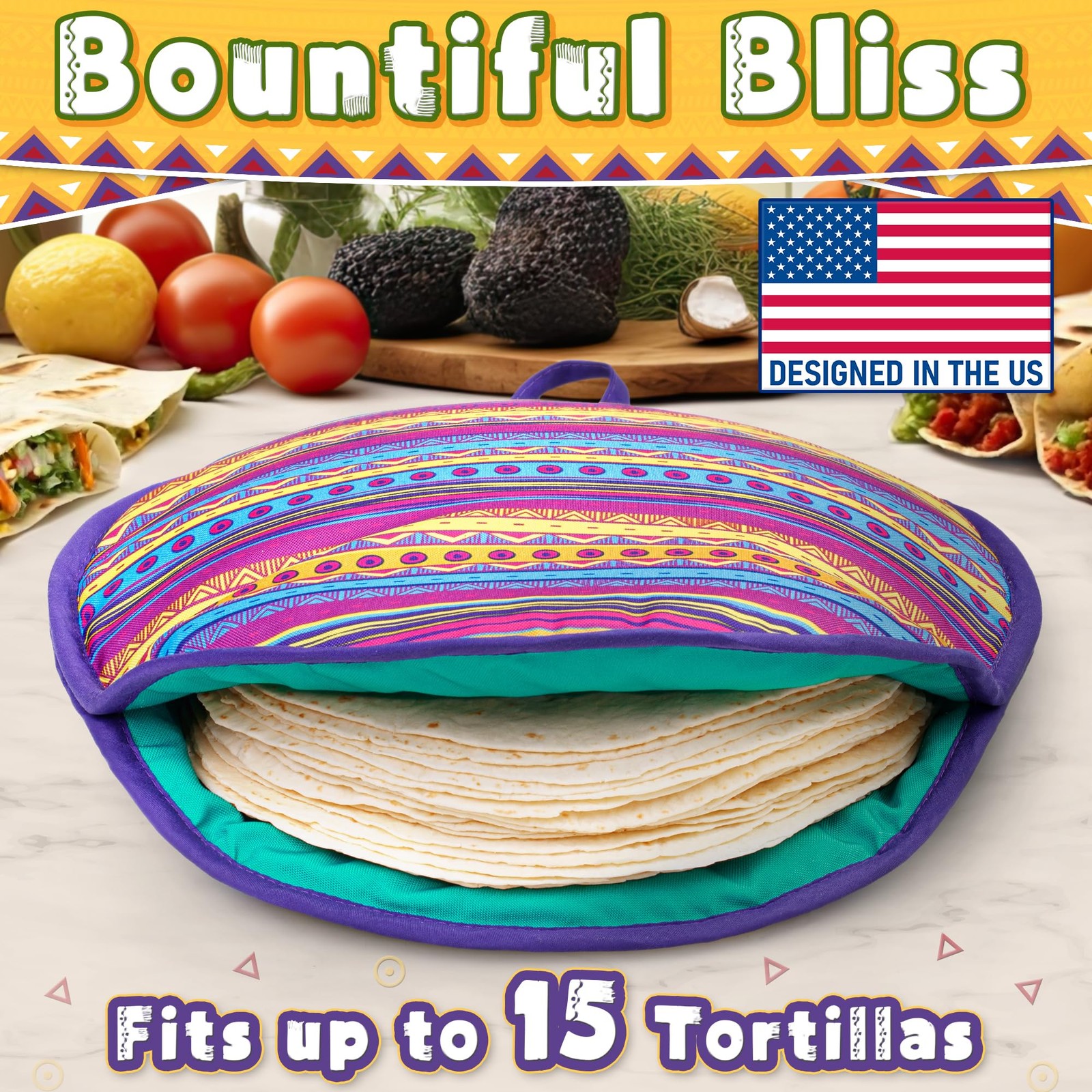 Tortilla Warmer Pouch (Multicolor, 12 Inch), Microwavable 12 Inch, Multicolor