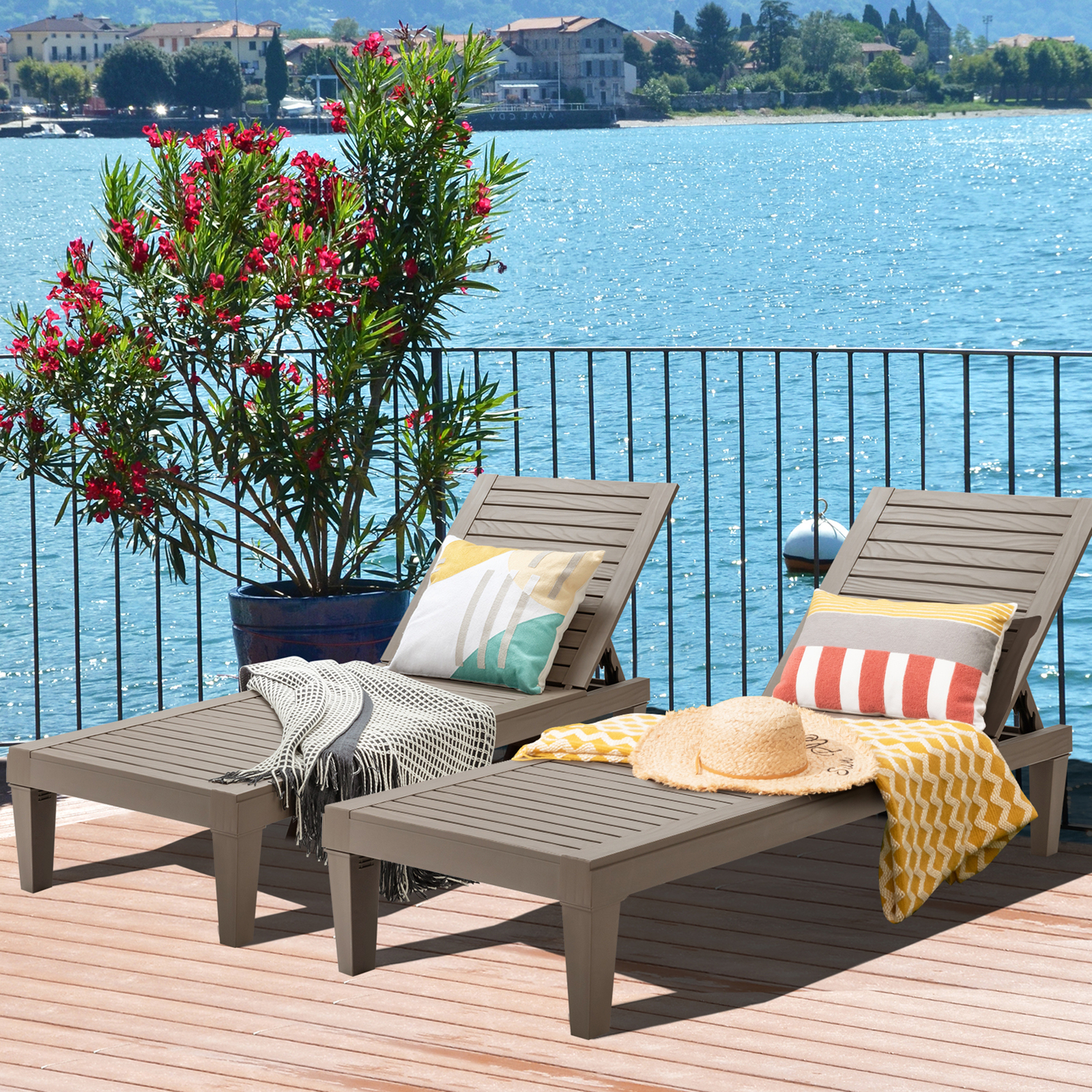 Set of 2 Patio Outdoor Chaise Lounge Chair Recliner w/ Adjustable Backrest Brown