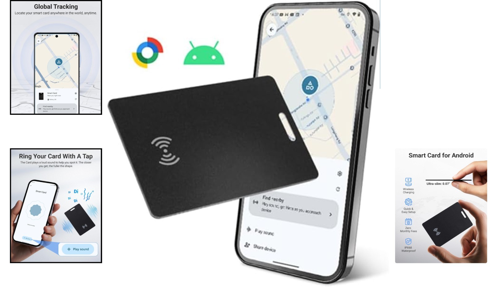 Smart Tracking Card for Android Wallets - GPS Finder with Wireless Charging