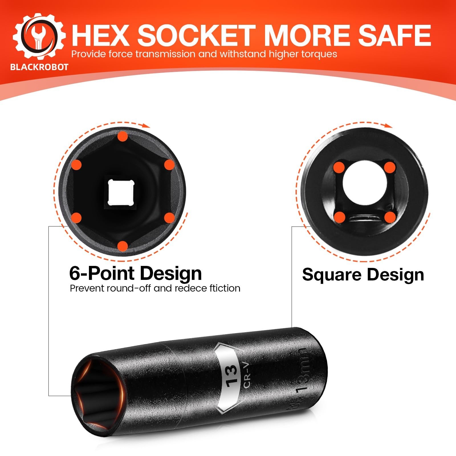 BLACKROBOT 1/2 Inch Drive 6-Point Deep Socket, 13mm Deep Impact Socket, CR-V ...