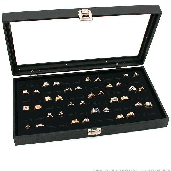 Glass Top Black Jewelry Display Case 144 Slot Ring Tray