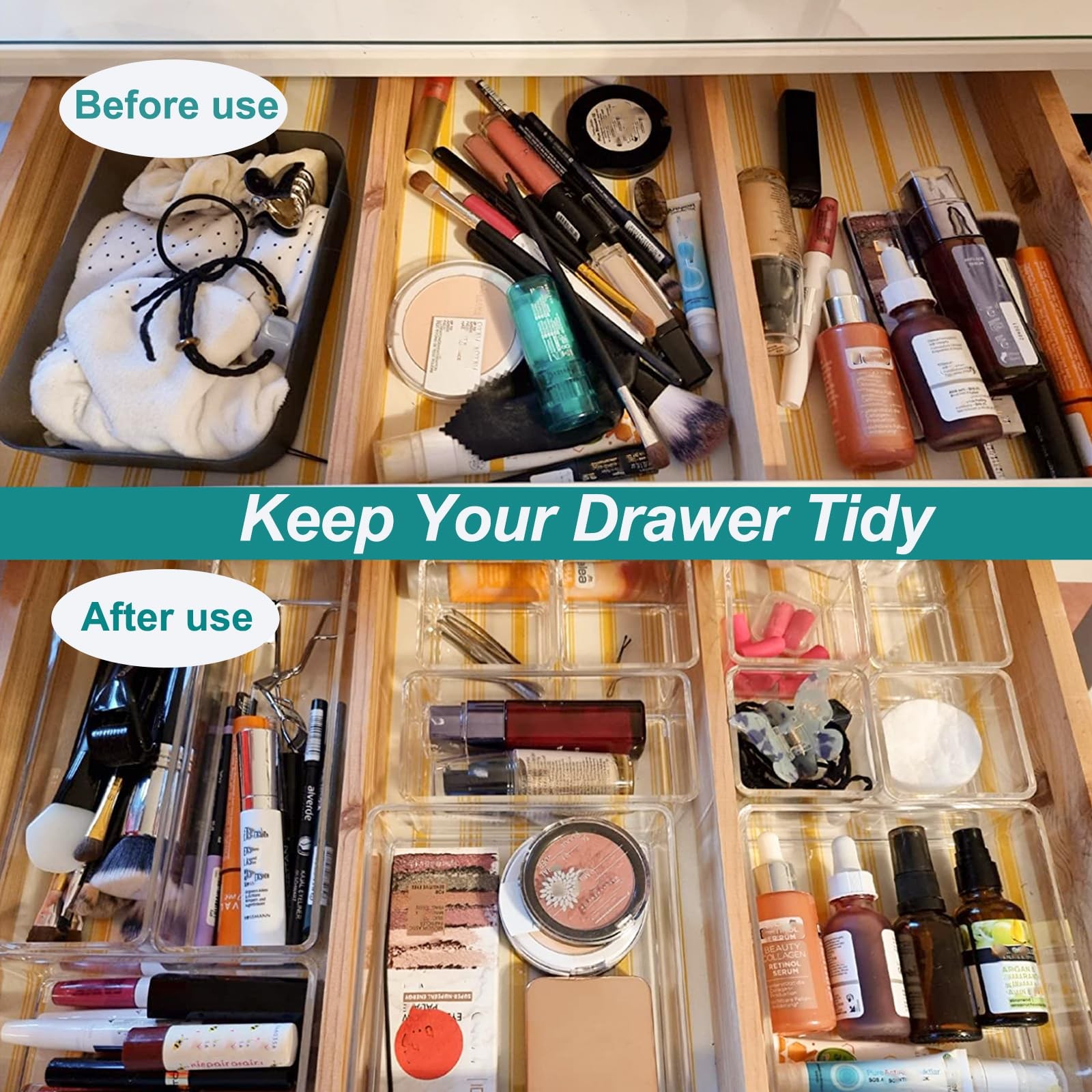 27 Pack Clear Plastic Drawer Organizer Set - 4 Sizes Makeup Vanity Organizer ...