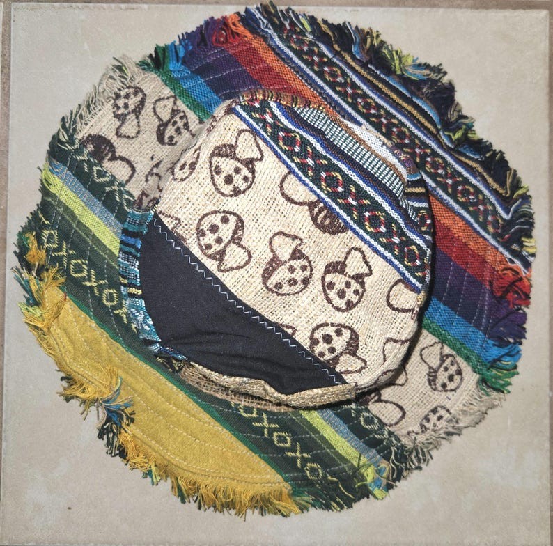 HEMP HAT Unisex Patchwork w/ Mushrooms Fringe Wire Rim Funky Hippie Hat