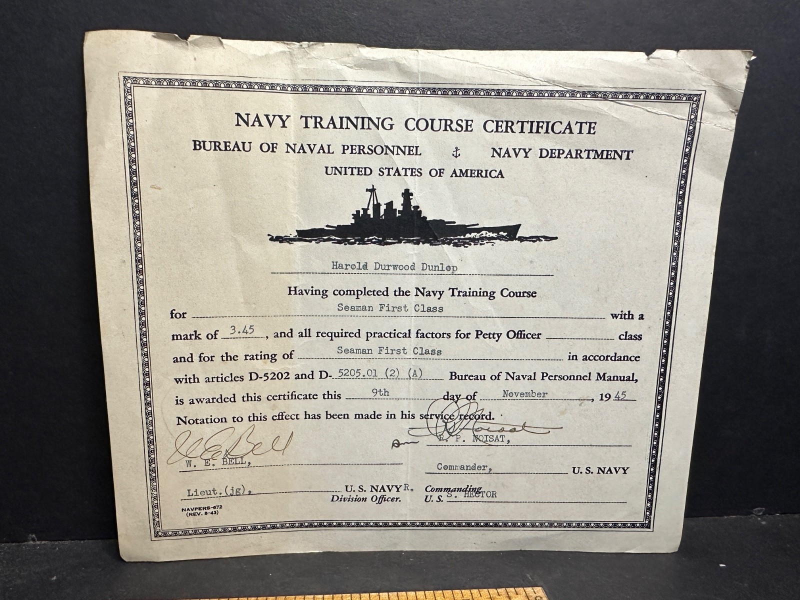 1945 US Navy Training Certificate, Seaman 1st Class Harold Durwood Dunlop