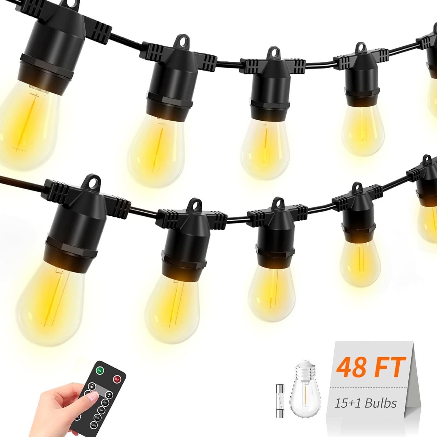 48FT LED Outdoor String Lights, S14 IP65 Waterproof Patio Lights Outside Light