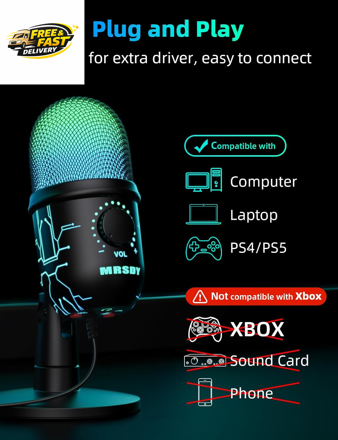 Gaming Microphone, USB Computer Microphone for PC, Mac, /5, Condenser Podcast Mi