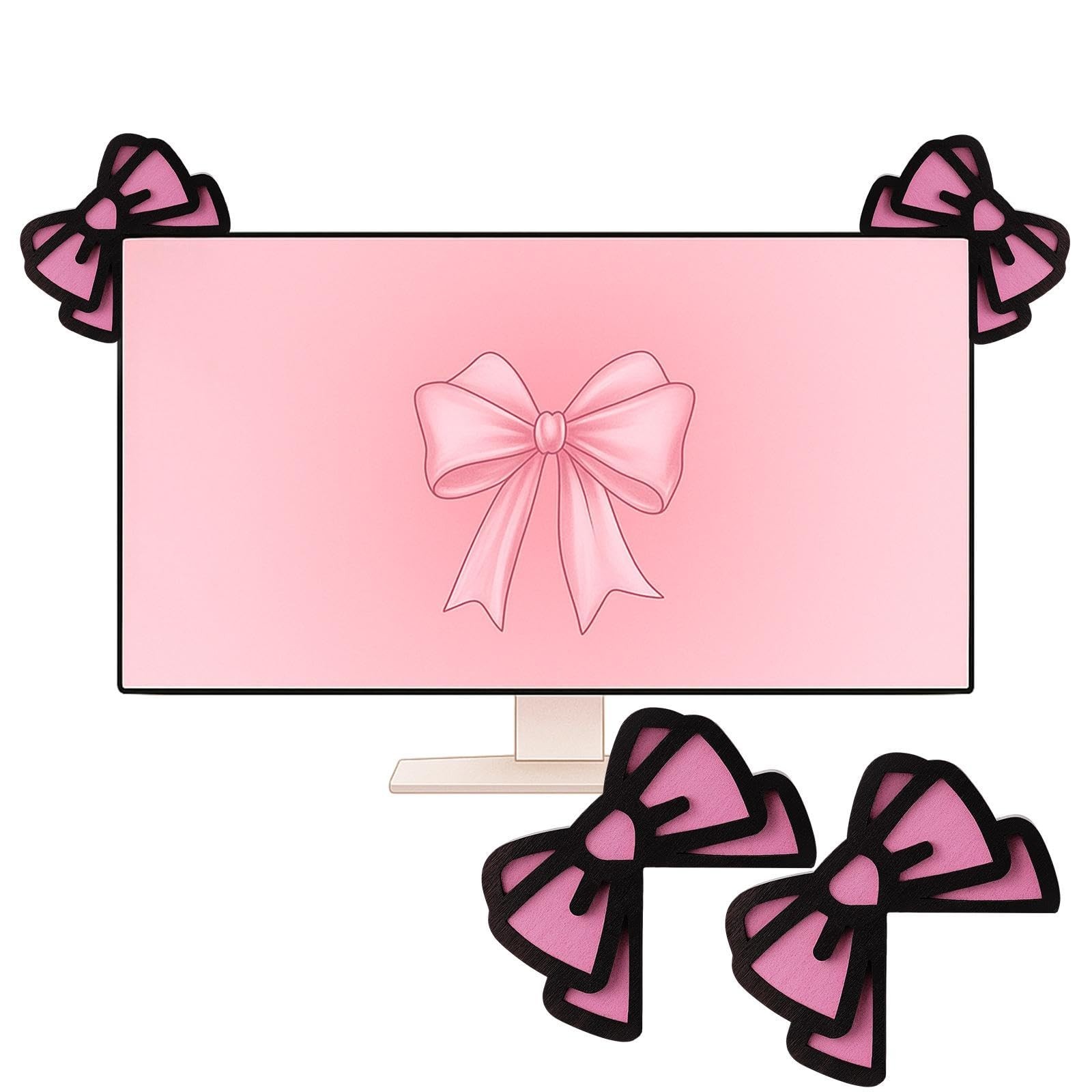 Thyle 2 Pcs Pink Bow Computer Monitor Decor 3D Wood Cute Computer Decor Coque...