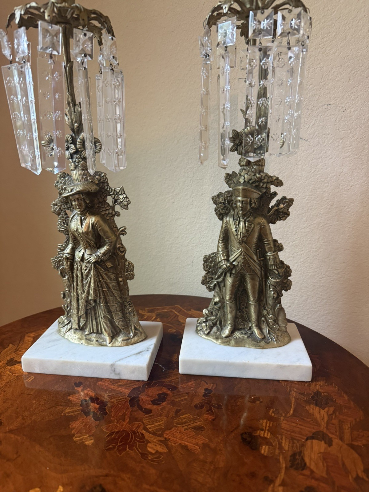 Antique Candlestick Pair Brass & Marble Figure Girandole Baroque Romance Gilt