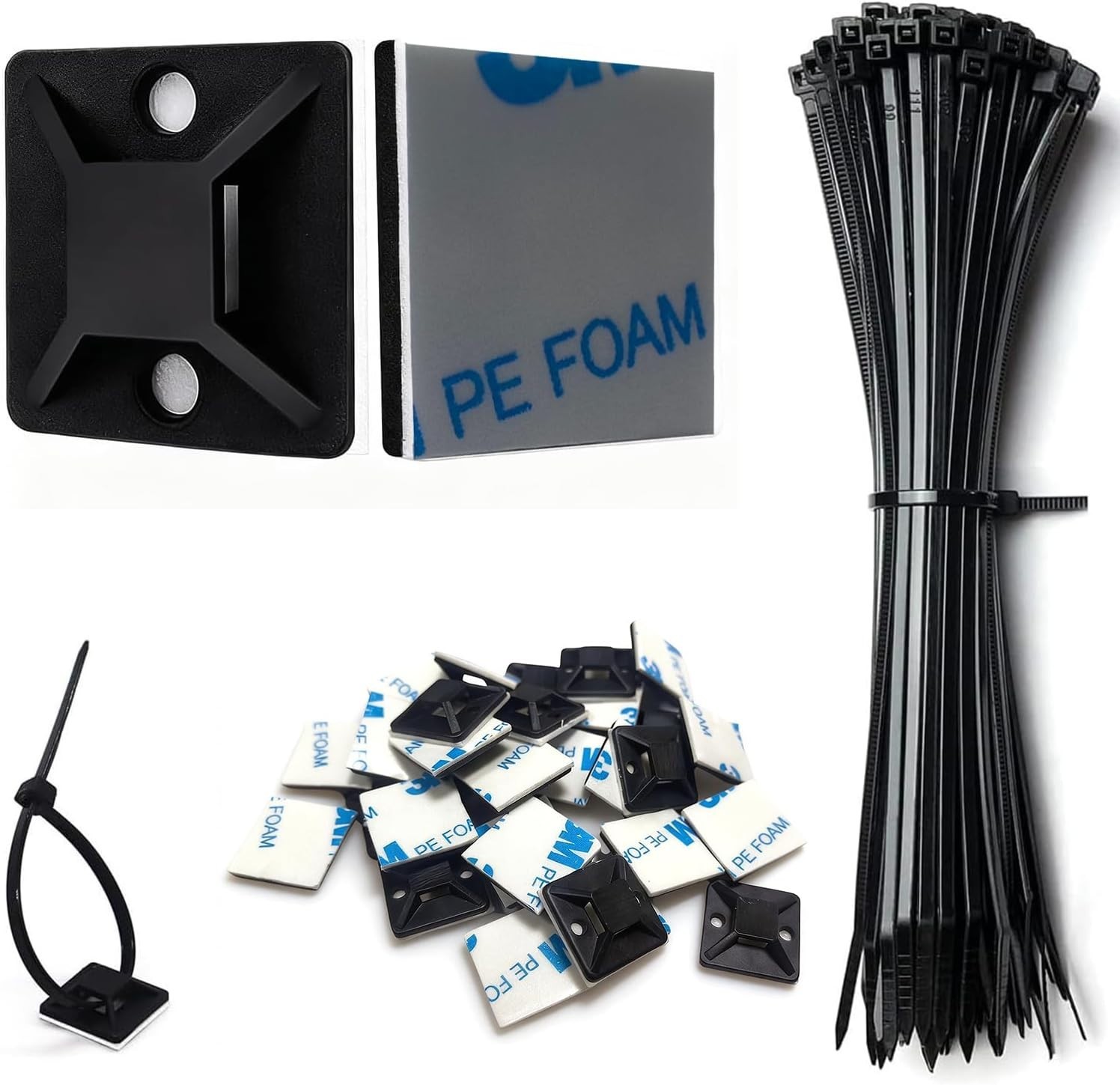 Black Cable Tie Zip Self Adhesive Mounts Set w/Multi-Purpose Sticky Pads 100 set