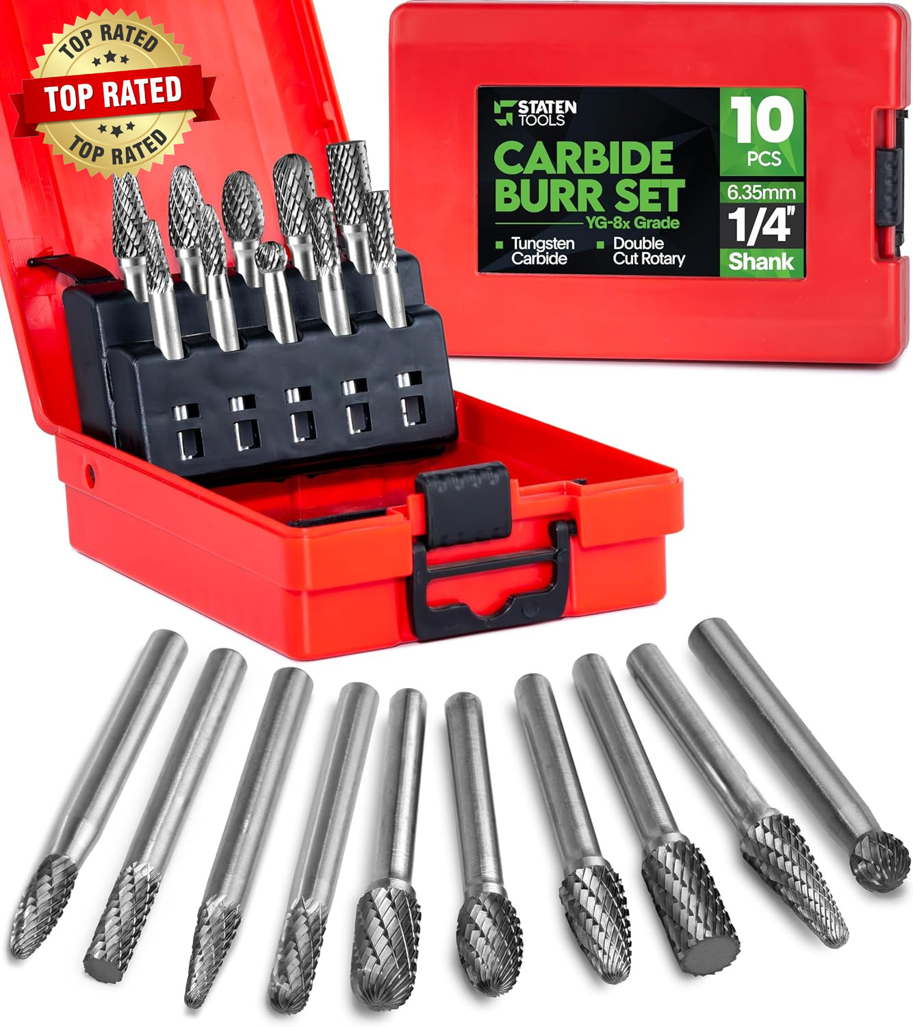 Carbide Burr Set 1/4" (6.35Mm) Shank – 10 Pcs Double Cut Die Grinder Bits for Mi