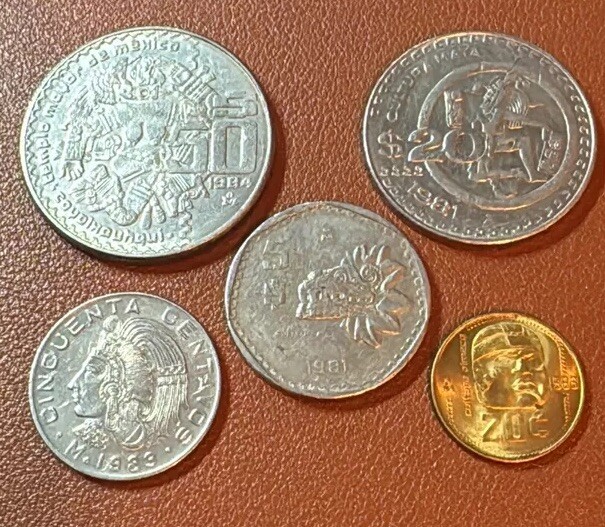 MEXICO AZTEC COIN SET                  5 -MAYAN CULTURE  COINS