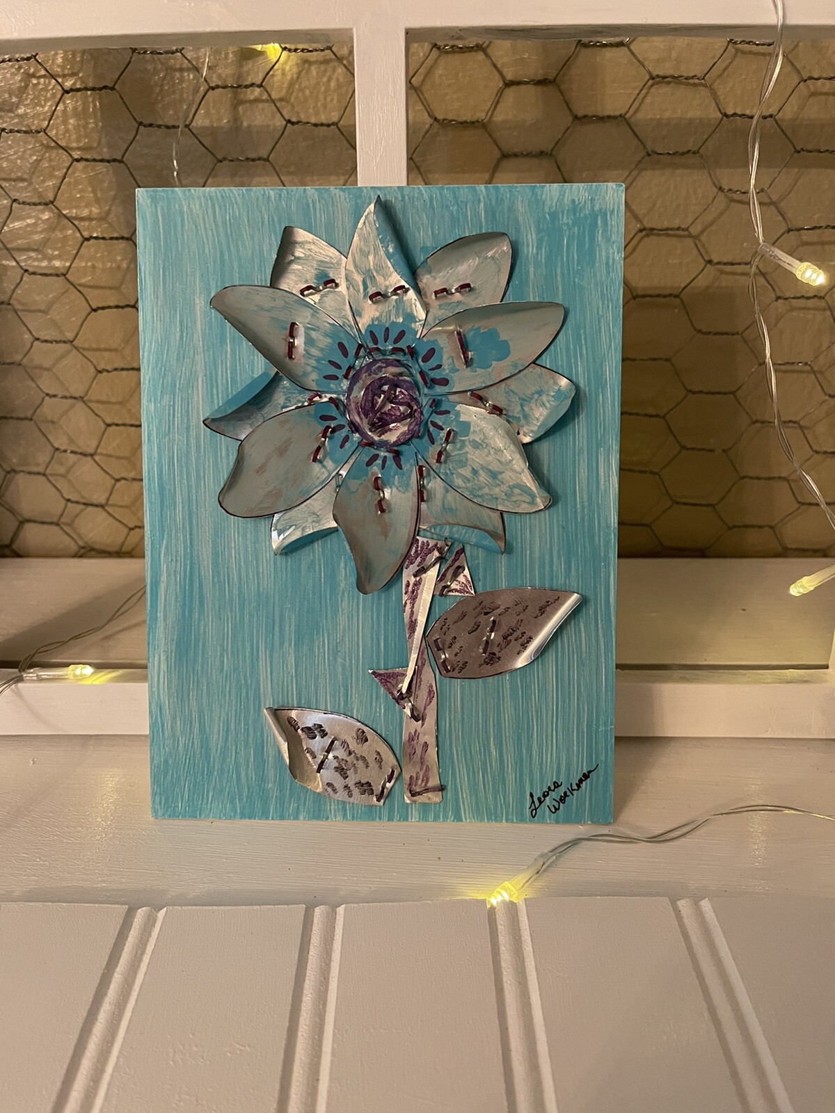 handmade contemporary wall art metal flower On Wood Home Decor 6x8 inches