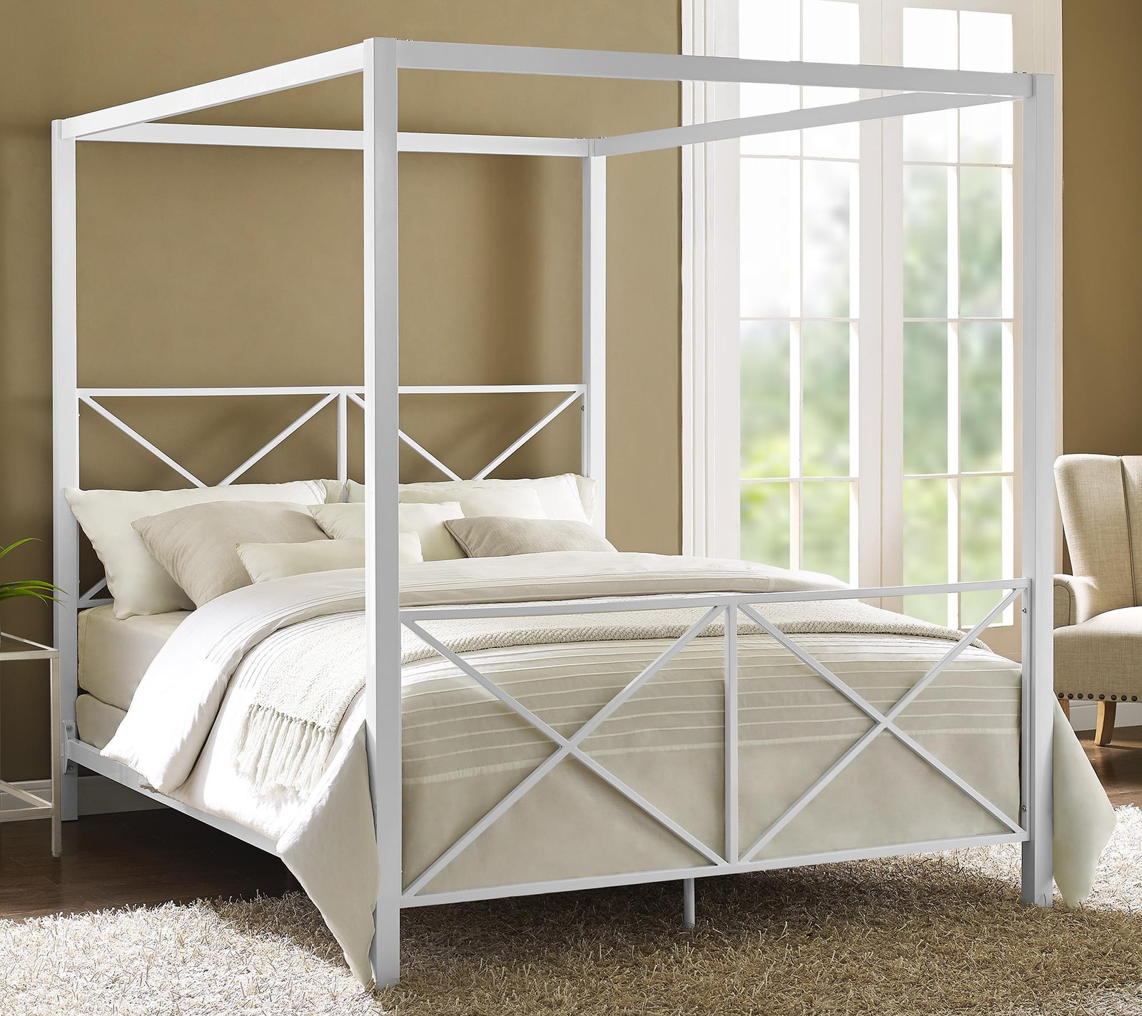 Full Queen White Metal Canopy Bed Frame Criss Cross Headboard Footboard Rails