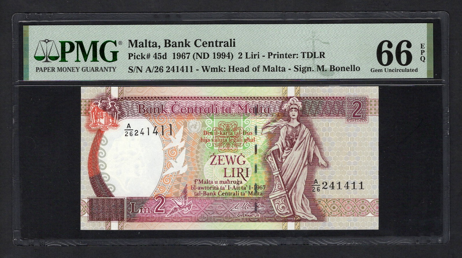 Malta 2 Liri 1967 (ND 1994) P45d Uncirculated Grade 66