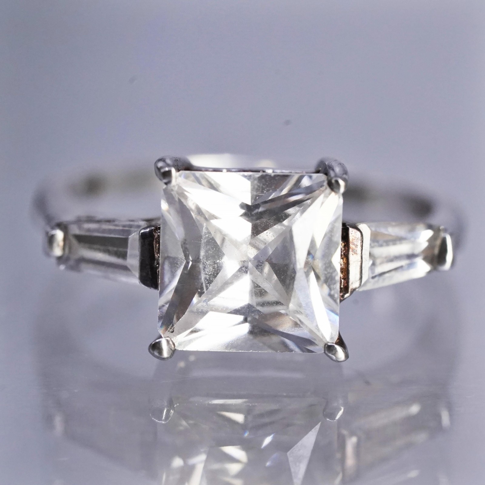 Size 6.25, vintage Sterling 925 silver engagement ring with square Cz