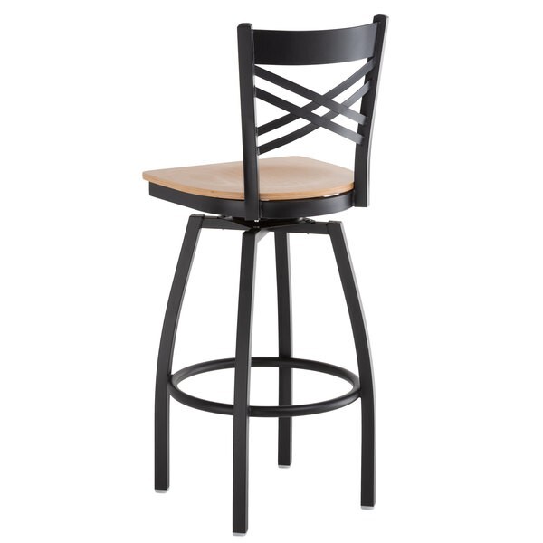 Cross Back Swivel Metal Restaurant Barstool with Natural Wood Seat