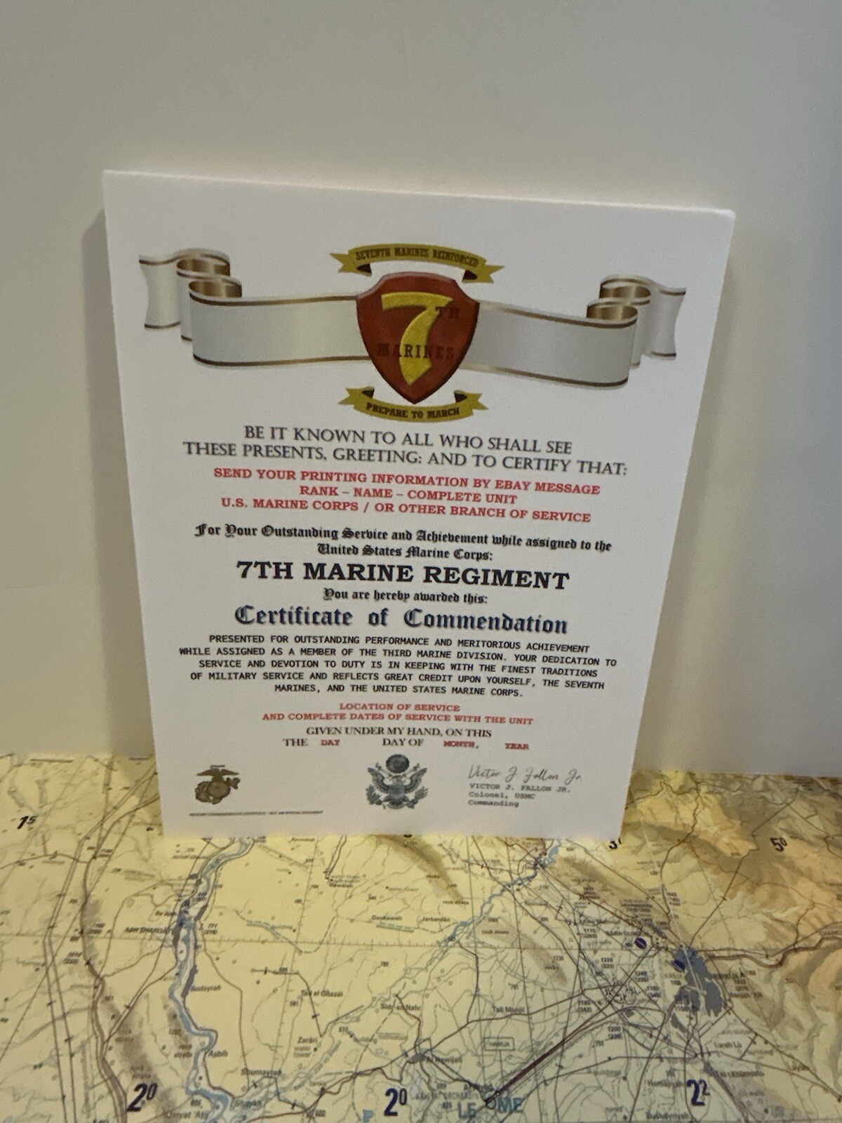 U.S. MARINE CORPS / 7TH MARINE REGIMENT (3 MARDIV) - CERTIFICATE OF COMMENDATION