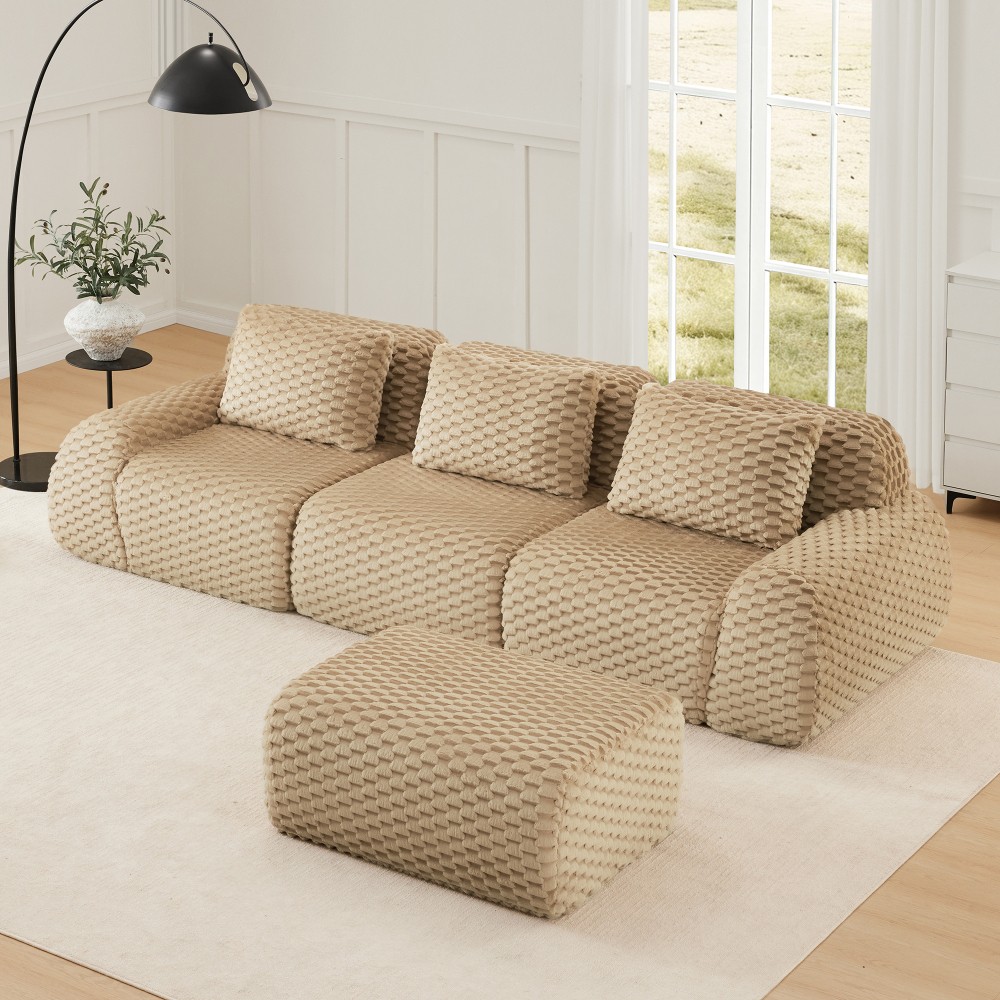 114" L-Shaped Modular Sectional Sofa w/ Ottoman, Flannelette, Light Camel