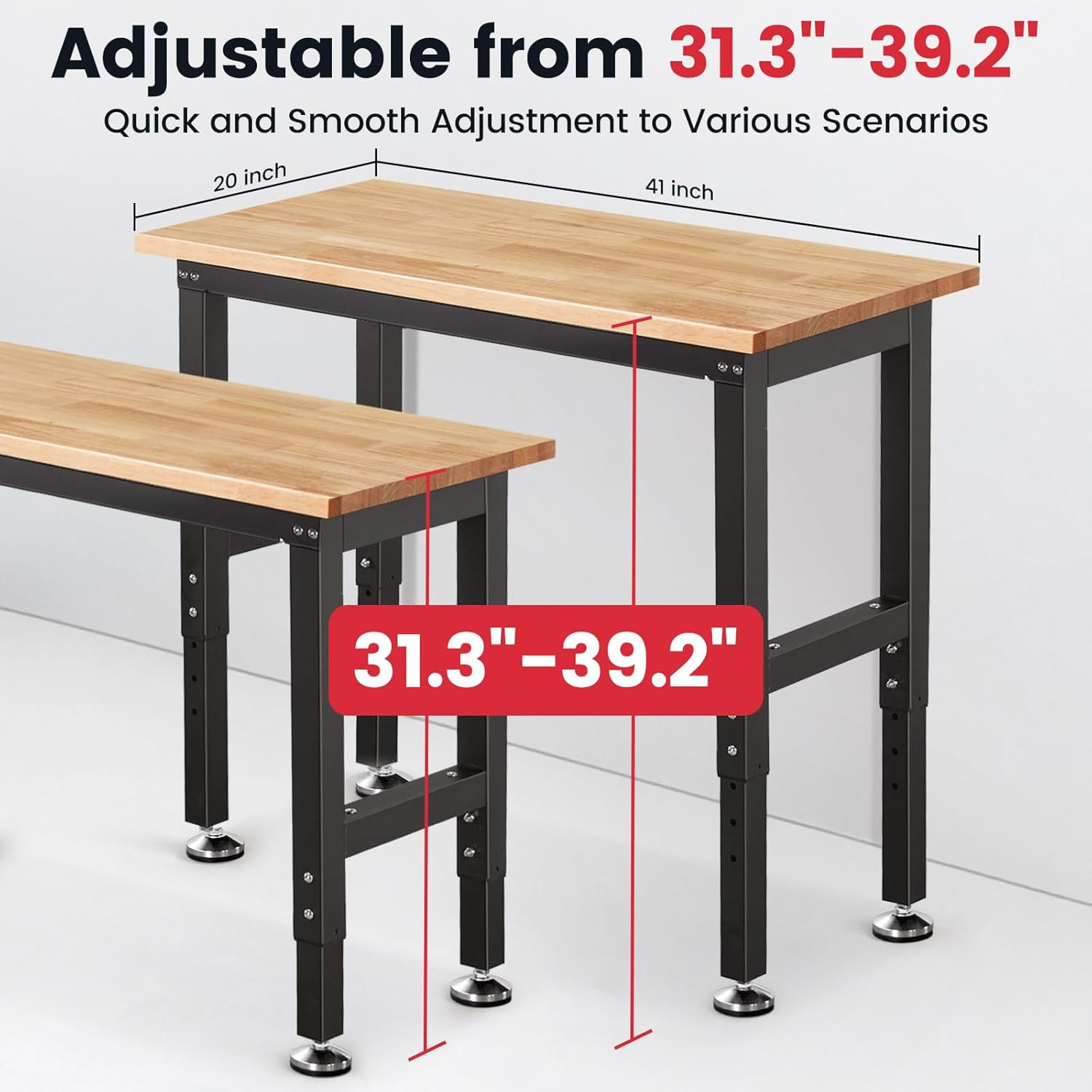 Work Bench 41 Inch Workbench for Garage Adjustable Height Heavy Duty Work Table