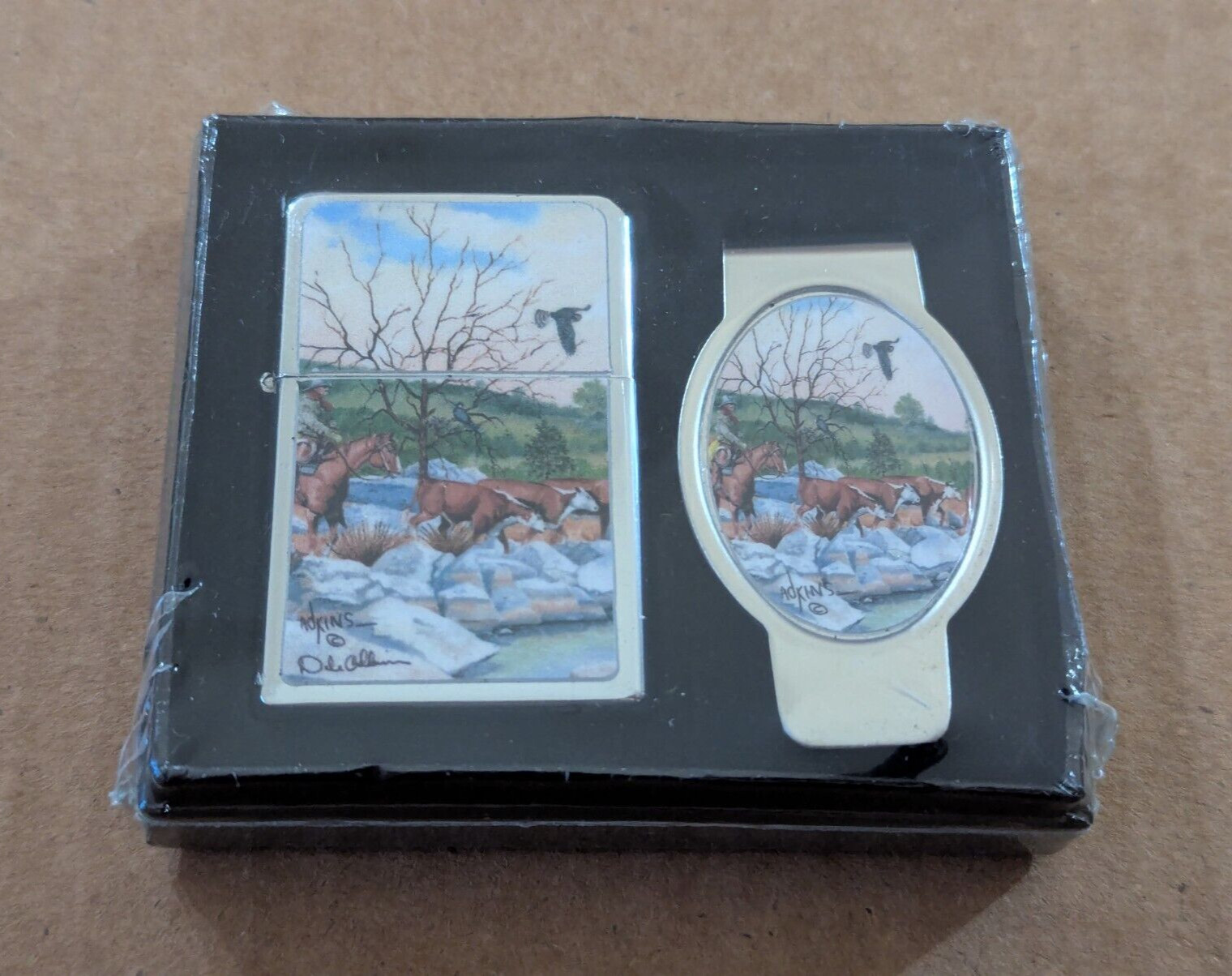 Cowboy, Cattle & Bird Flying Lighter With Matching Money Clip Western Theme