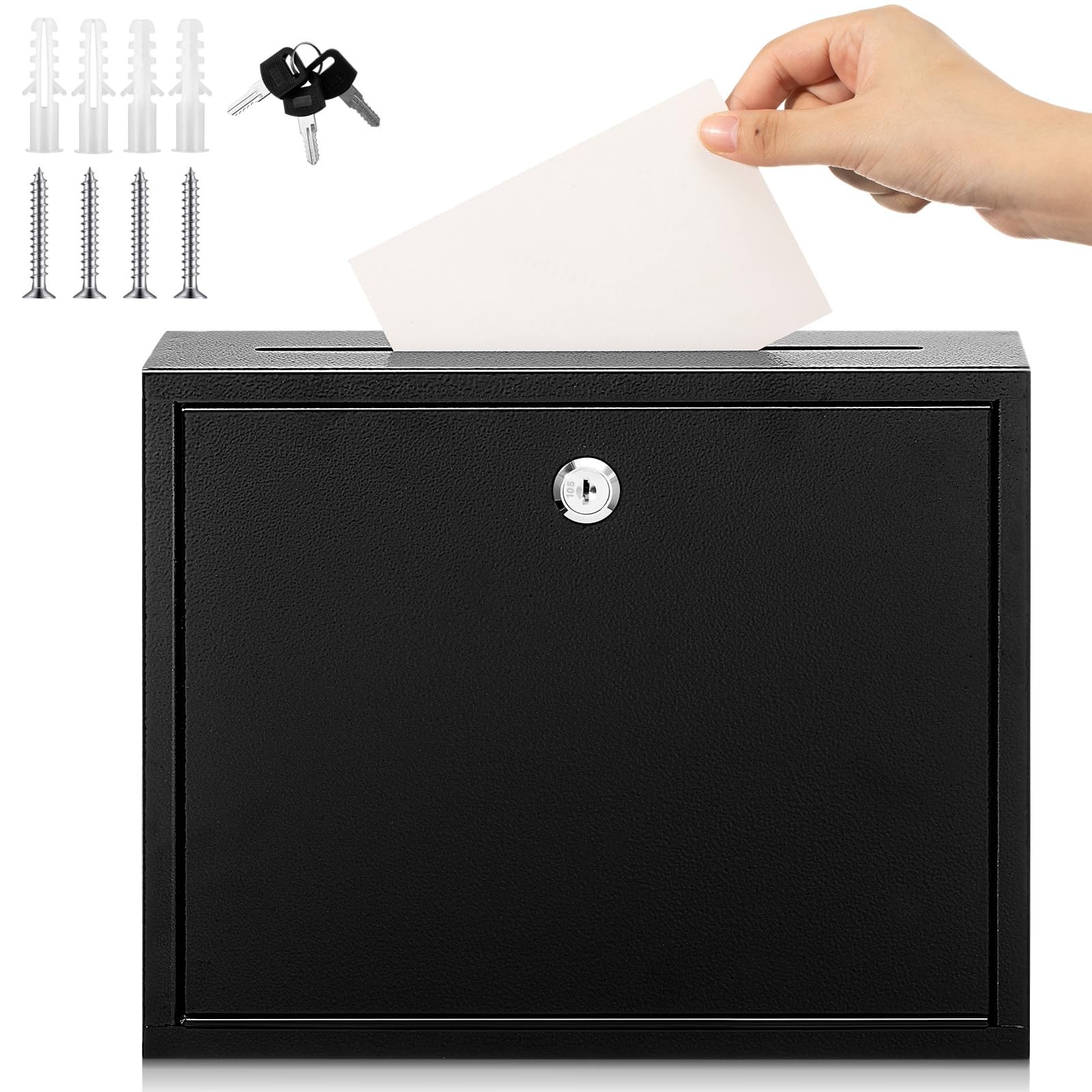 Metal Donation Box Lock Black 12x10x3 Inch Suggestion Slot Cash Drop Wall
