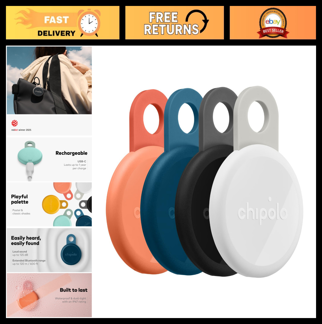 Rechargeable Bluetooth Tracking Tags - 4 Pack, Key & Bag Locator, Apple Find My