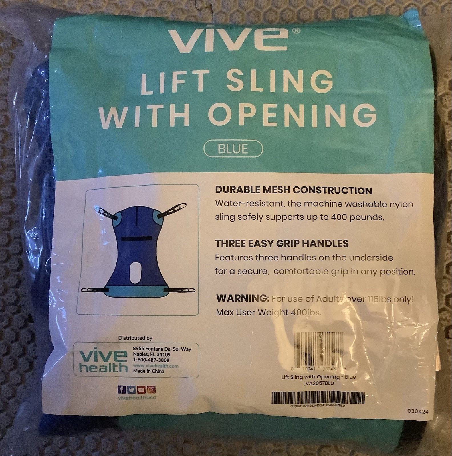 Vive Patient Lift Sling with Opening Supports Up To 400lb Durable Machine Wash