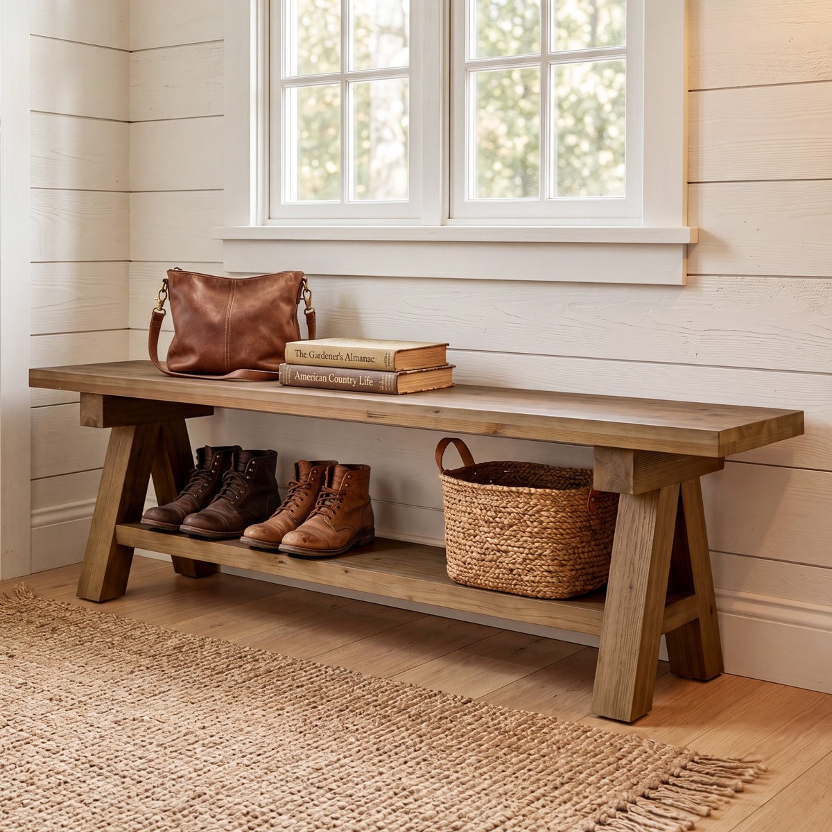 63" Solid Wood Entryway Bench, Dinning Bench with Open Storage for Dining Room