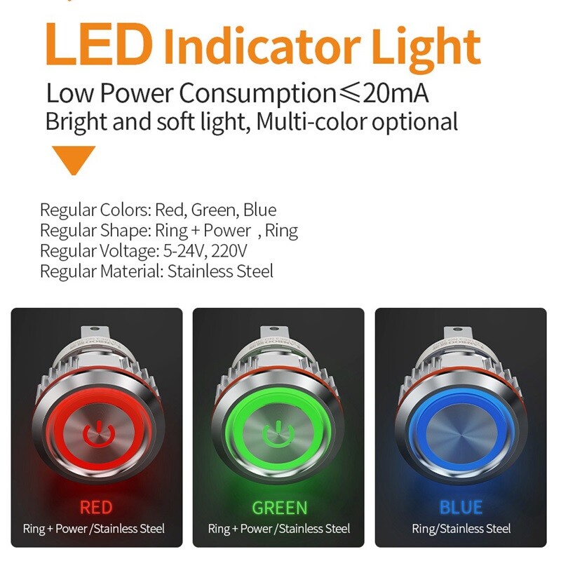 16mm High Current 16A High-Power Metal Push Button Switch 12V 24V 220V LED Light