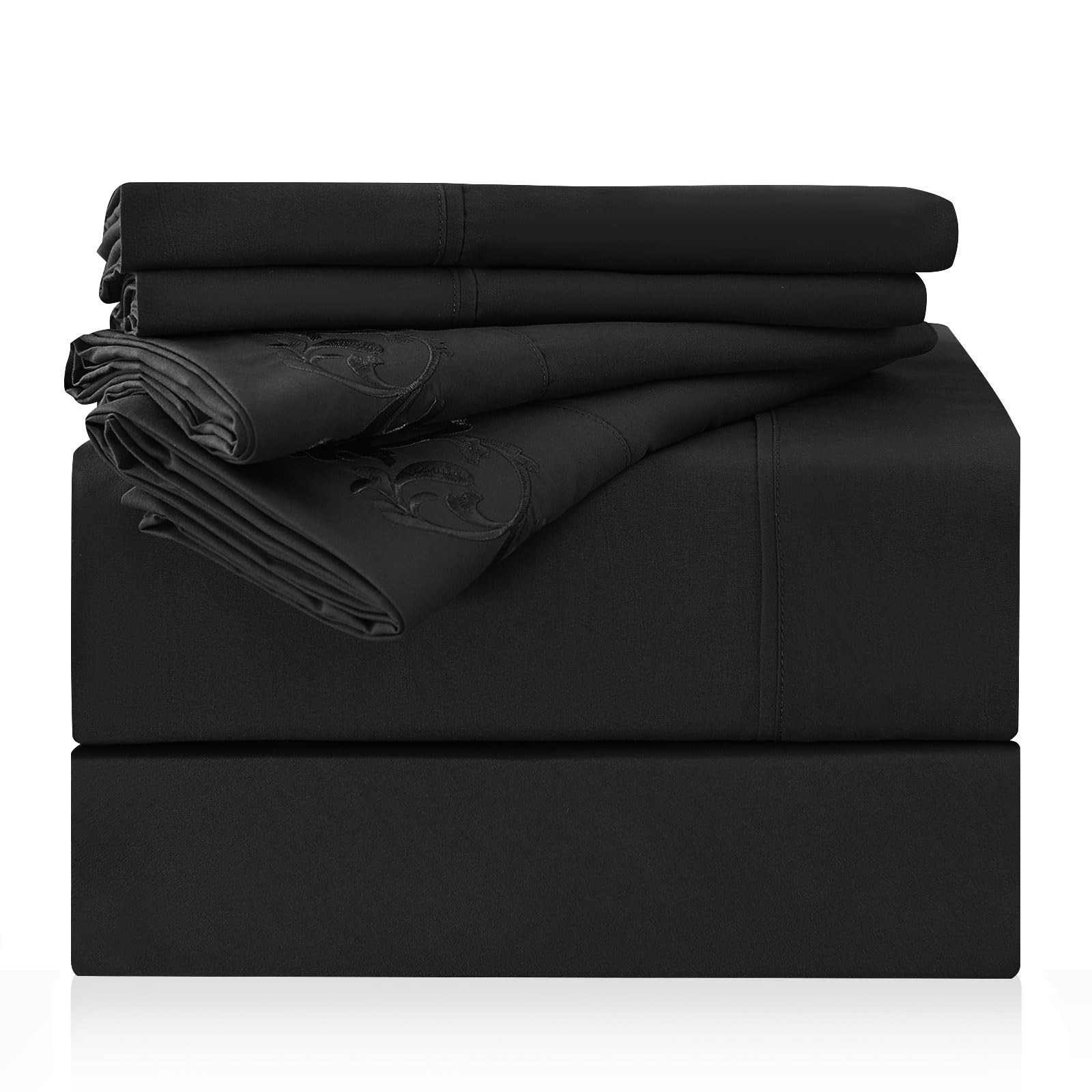 Queen Size Sheet Set 6-Piece Black Hotel Luxury Wrinkle-Free Microfiber Sheets