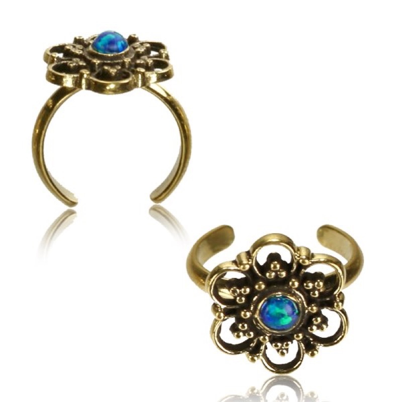 SOLID BRASS TRIBAL TOE RING MANDALA SYNTHETIC OPAL MID-RING ORNATE BOHO GYPSY