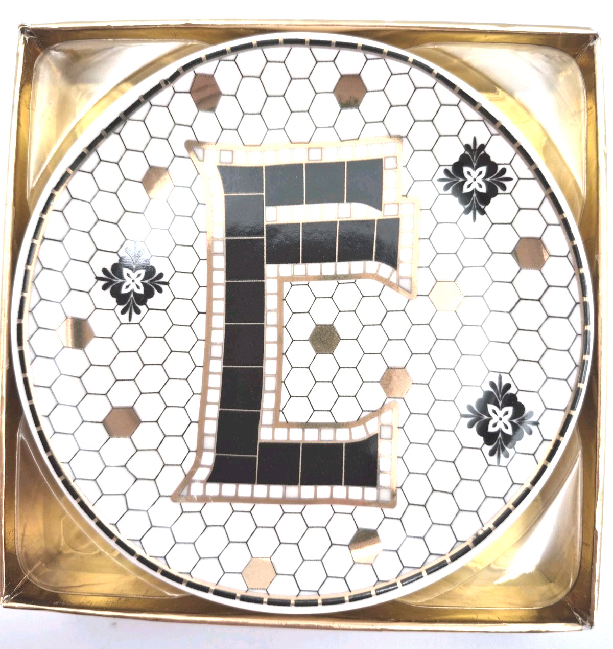 Monogram E Ceramic Trinket Tray Black White Gold 4.75" Pink Sky NEW