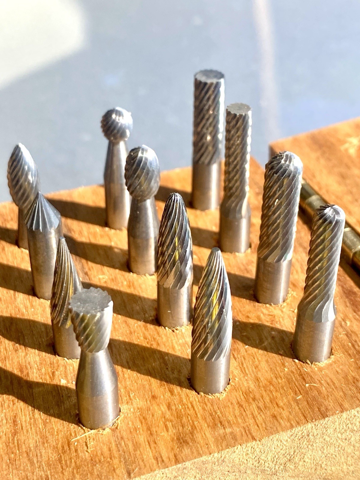 12 Piece Single Cut Carbide Burr Set 1/4" Dia. X 2.125” Shaft W/Wood Box Vintage