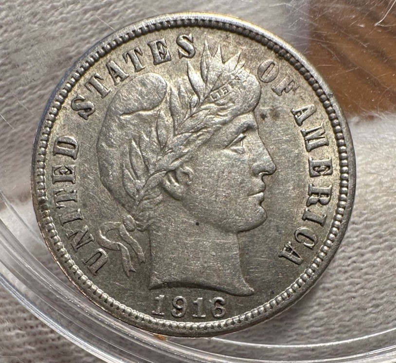 1916 S Barber Dime AU About Uncirculated