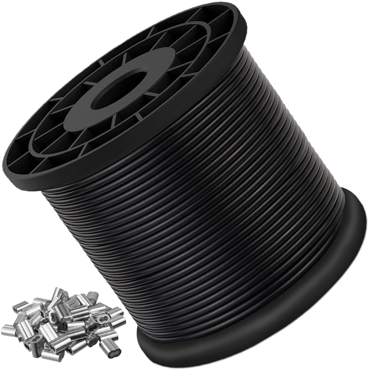 Black Stainless Steel Wire Rope 1/16 to 3/32 Inch 200 Feet with Crimp Sleeves