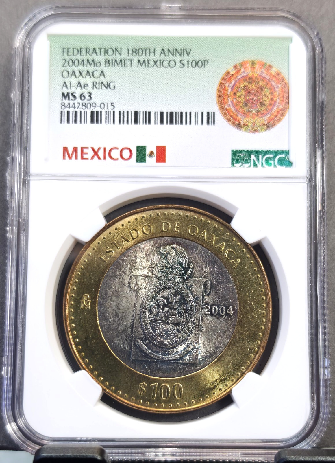 2004 MEXICO SILVER 100 PESOS S100P STATE OF OAXACA NGC MS 63 NICE TONING