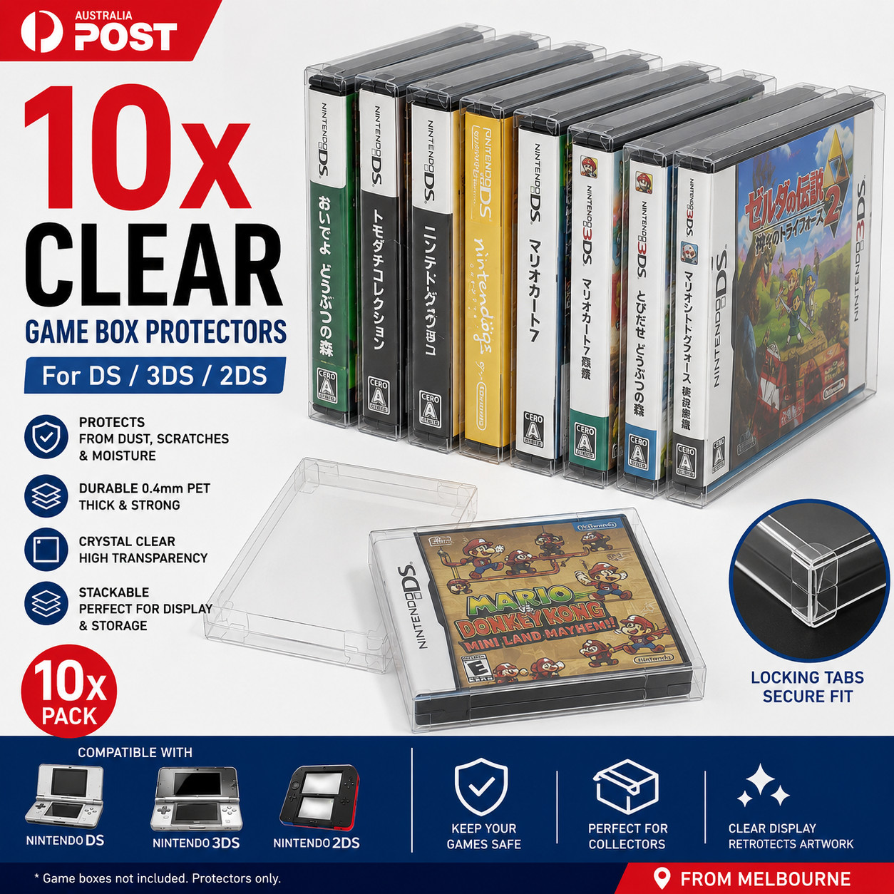 10x Nintendo DS 3DS 2DS Game Case Protector Box Clear PET Display Cover AU
