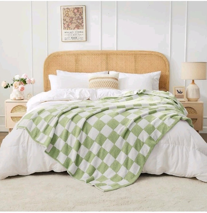 Super Soft Luxurious Warm Checkered Throw Blanket 60x80- Green and White