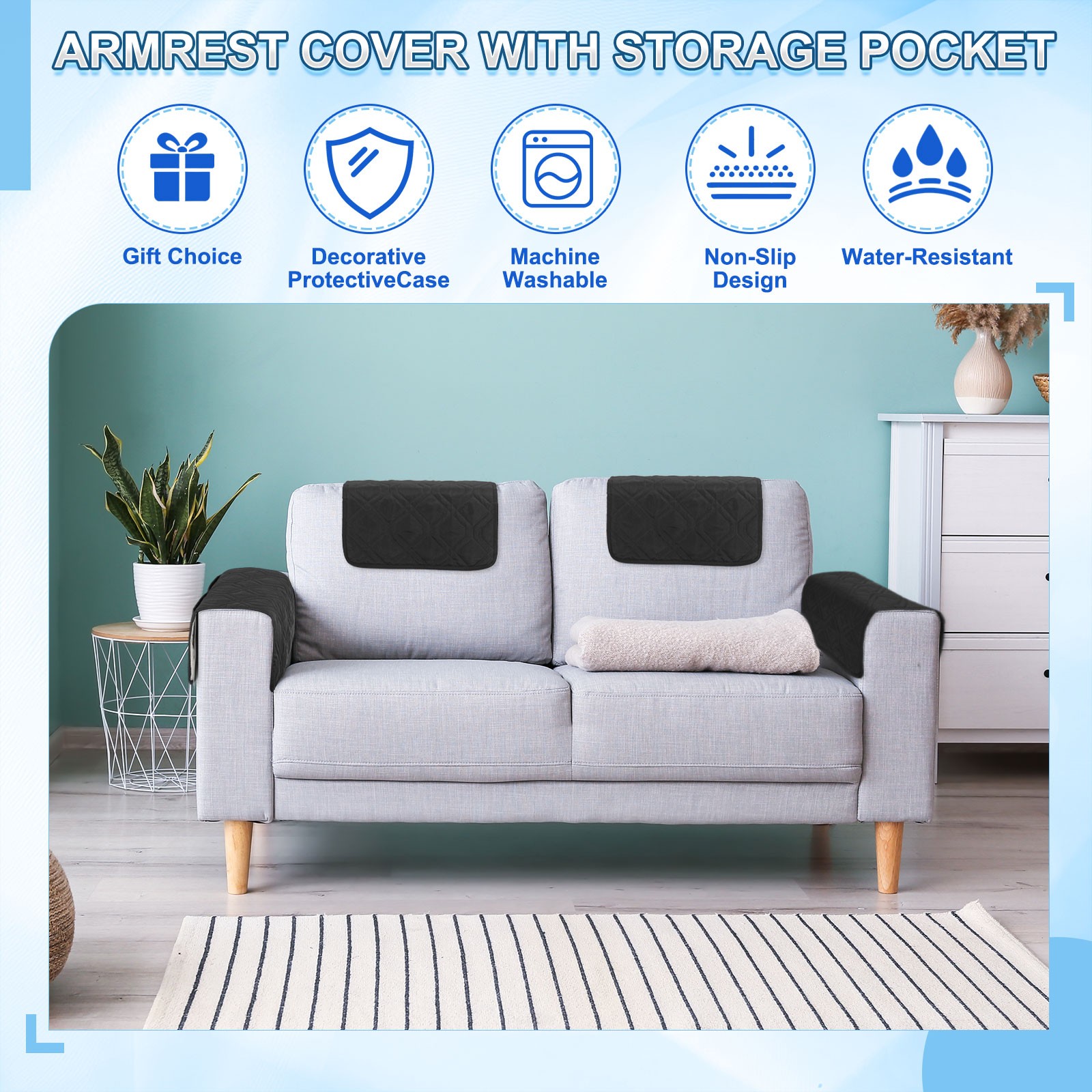 2Pcs Sofa Armrest Covers, Armchair Covers with Side Storage Pocket, Dark Gray