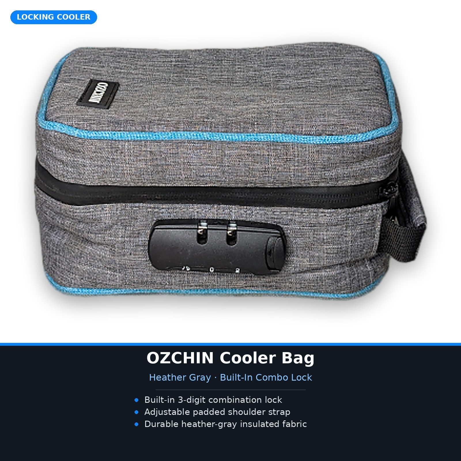 OZCHIN Insulated Lunch Cooler Bag Gray Combination Lock Adjustable Strap