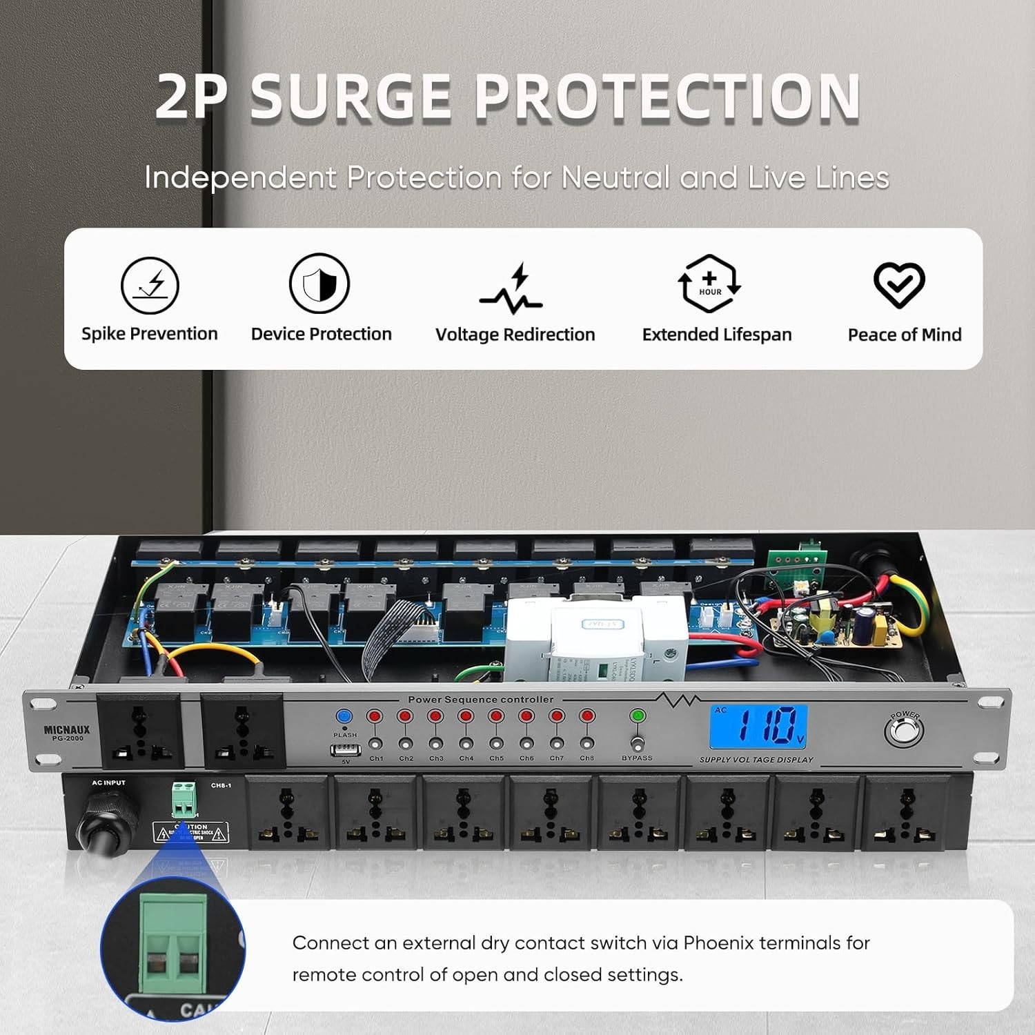 Rack Mount Sequencer Surge Protector 2000W 10 Outlets-