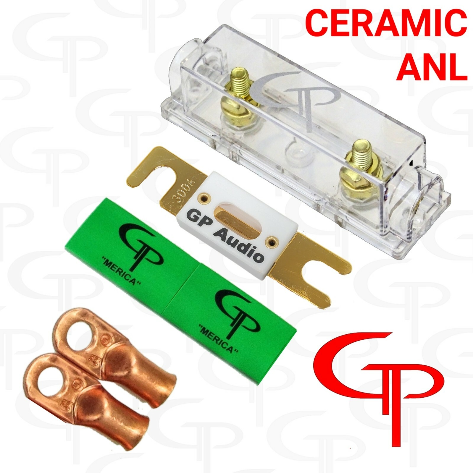 Ceramic 200 amp ANL Fuse, holder (2) 1/0 AWG Lugs and heat shrink GP Car Audio G