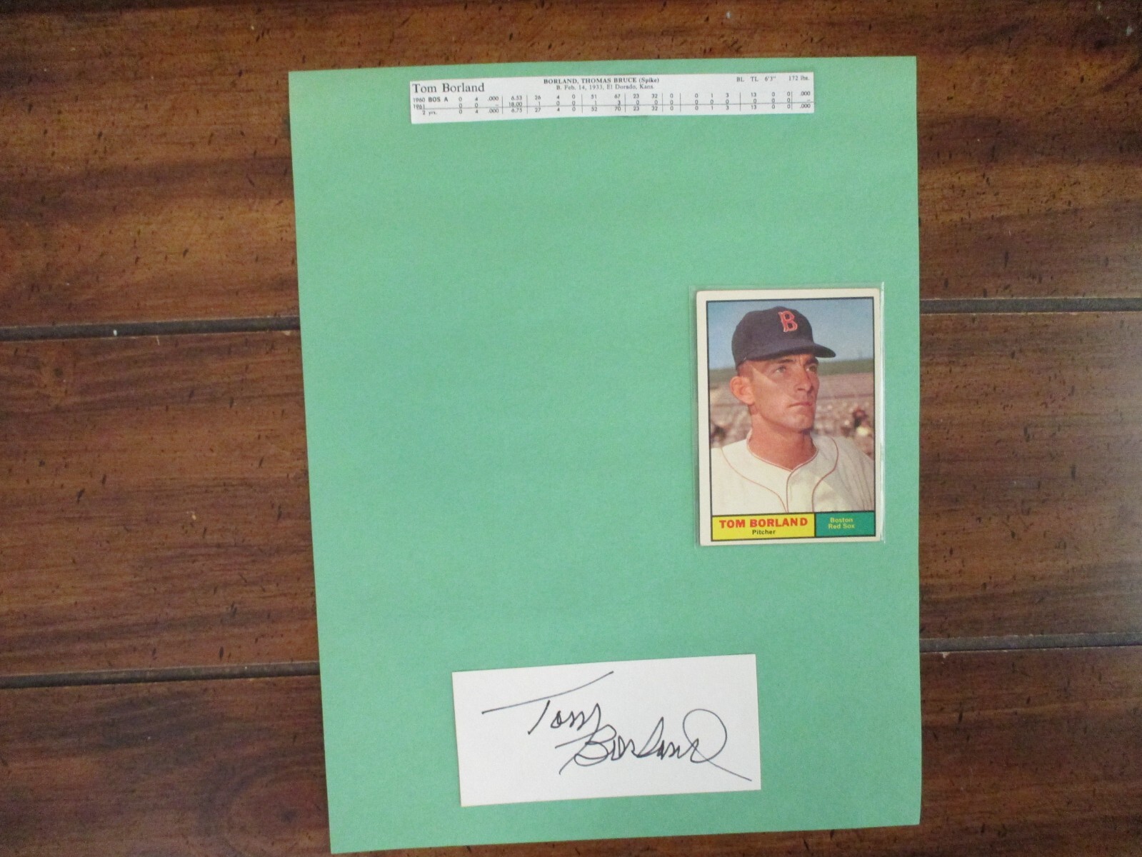 TOM  BORLAND(D-2013)Signed Trimmed Index Card w/8 x 11 Display w/1961 Topps/Obit