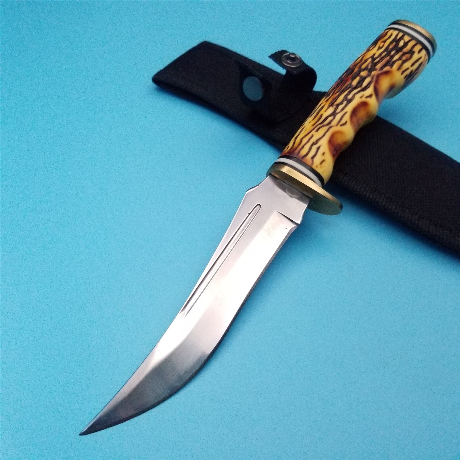 Fixed Blade Knife Finger Groove Hunter Handle Nylon Sheath 9.5" x 5" Upswept